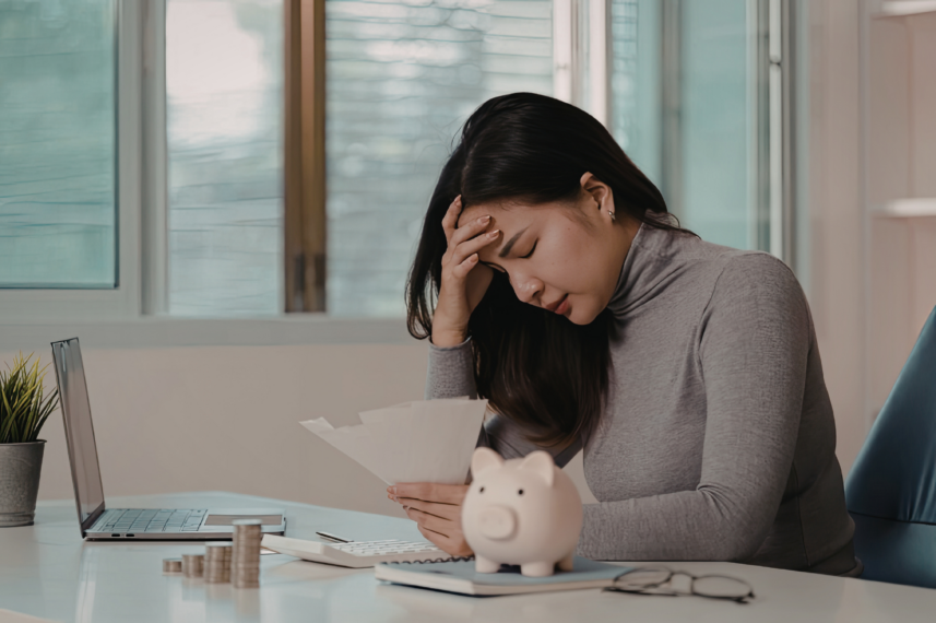 A woman sat at a desk with her head in her hands as she looks at some paper and money in piles in front of her.
